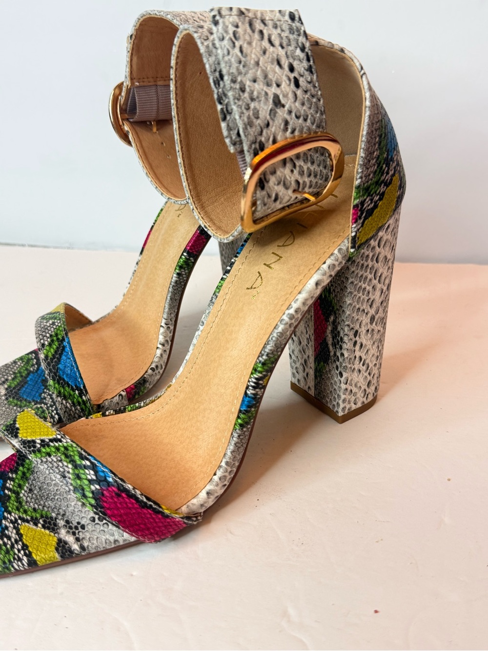 Multicolor Snake-Print Block Heel Sandal - White/Multi